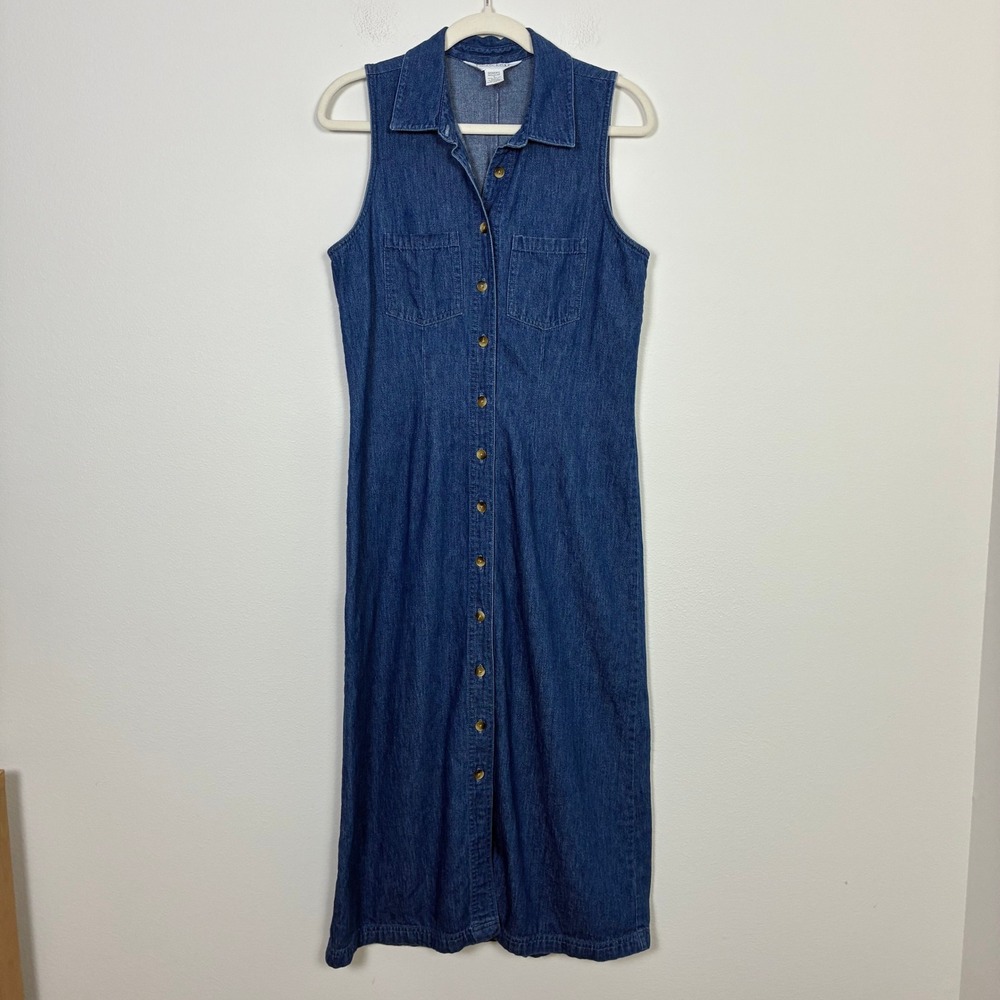 Vintage Lands End Denim Collared Button Maxi Dress Women's 6 Sleeveless 90s